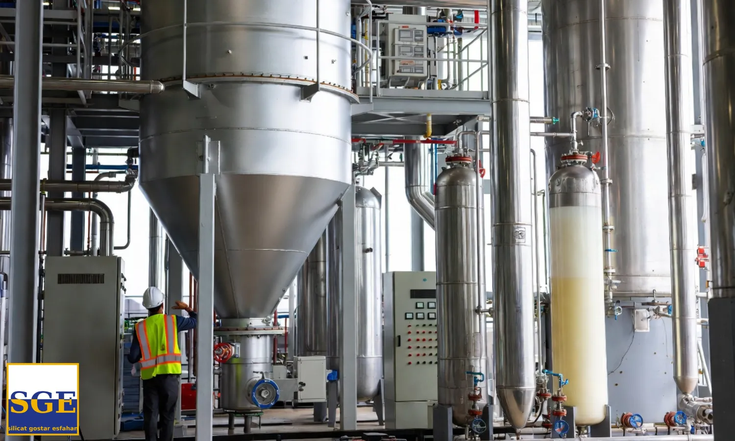 نمای کلی از یک خط تولید پودر لباسشویی با برج اسپری درایر، مخازن ذخیره سیلیکات سدیم مایع در کنار مخازن سورفکتانت، اپراتور با کلاه ایمنی در حال بررسی پنل کنترل، محیط صنعتی تمیز و مدرن