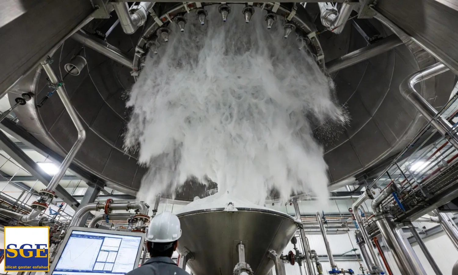 نمای داخلی برج اسپری درایر پودر لباسشویی از پایین، جریان پودر در حال سقوط، تجهیزات کنترل دما و فشار، کارشناس فنی در حال بررسی داده‌ها روی مانیتور صنعتی