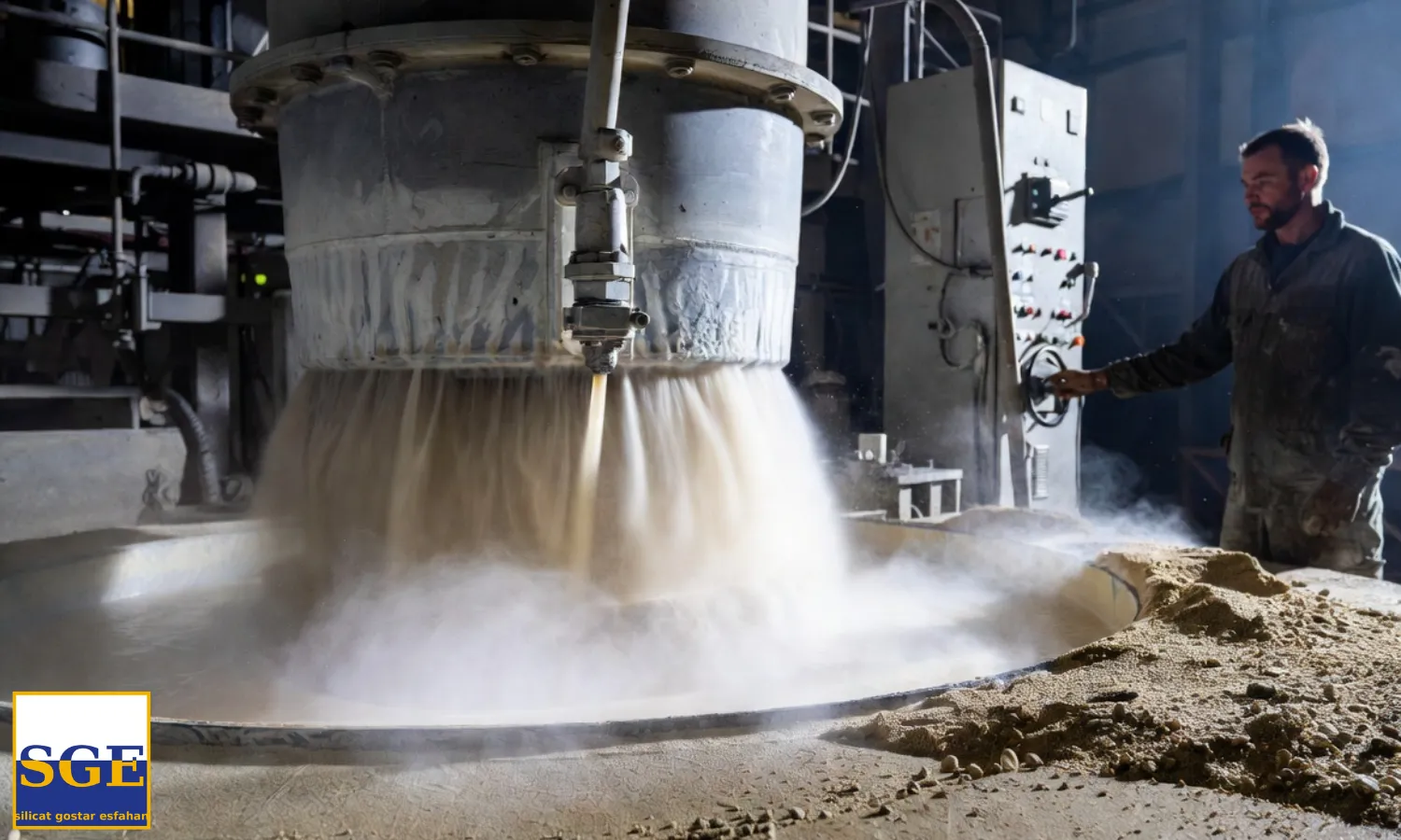 نمای نزدیک از میکسر ماسه ریخته‌گری در حال اضافه کردن سیلیکات سدیم مایع از نازل، دانه‌های ماسه مرطوب و یکنواخت، اپراتور در حال نظارت بر صفحه کنترل