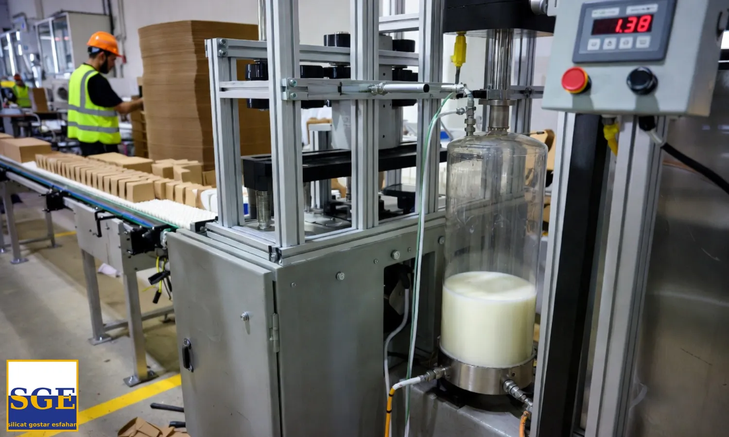 خط تولید کارتن سازی با دستگاه‌های چسب‌زن اتوماتیک، مخزن تغذیه حاوی سیلیکات سدیم مایع با نمایشگر چگالی روی بدنه، اپراتور در حال بررسی کیفیت اتصال لایه‌ها