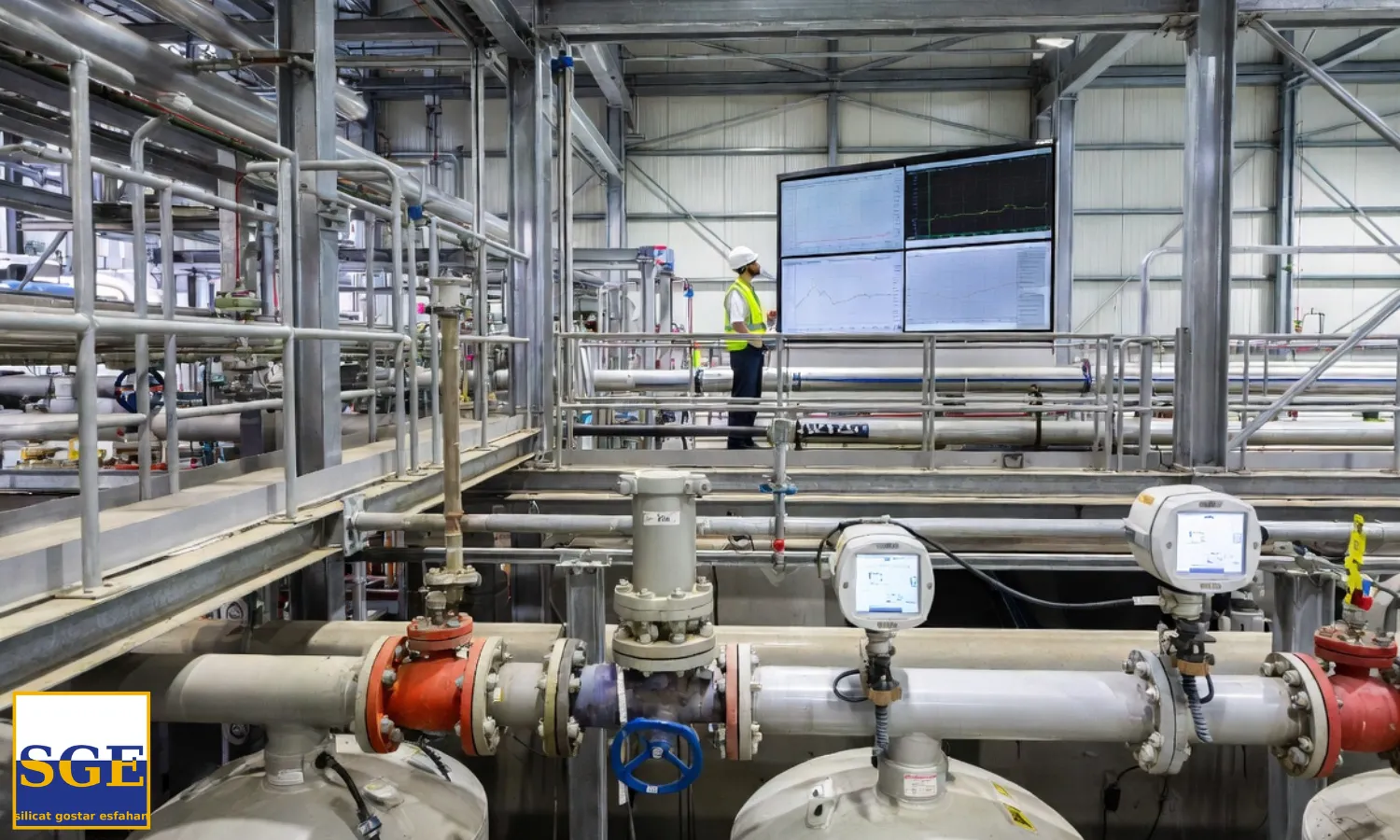 نمای کلی از یک واحد تولیدی که در آن مخازن بزرگ سیلیکات سدیم مایع، فلومتر و دنسیتی متر آنلاین روی لوله‌ها نصب شده است، مهندس فرایند در حال بررسی داده‌ها روی یک نمایشگر صنعتی